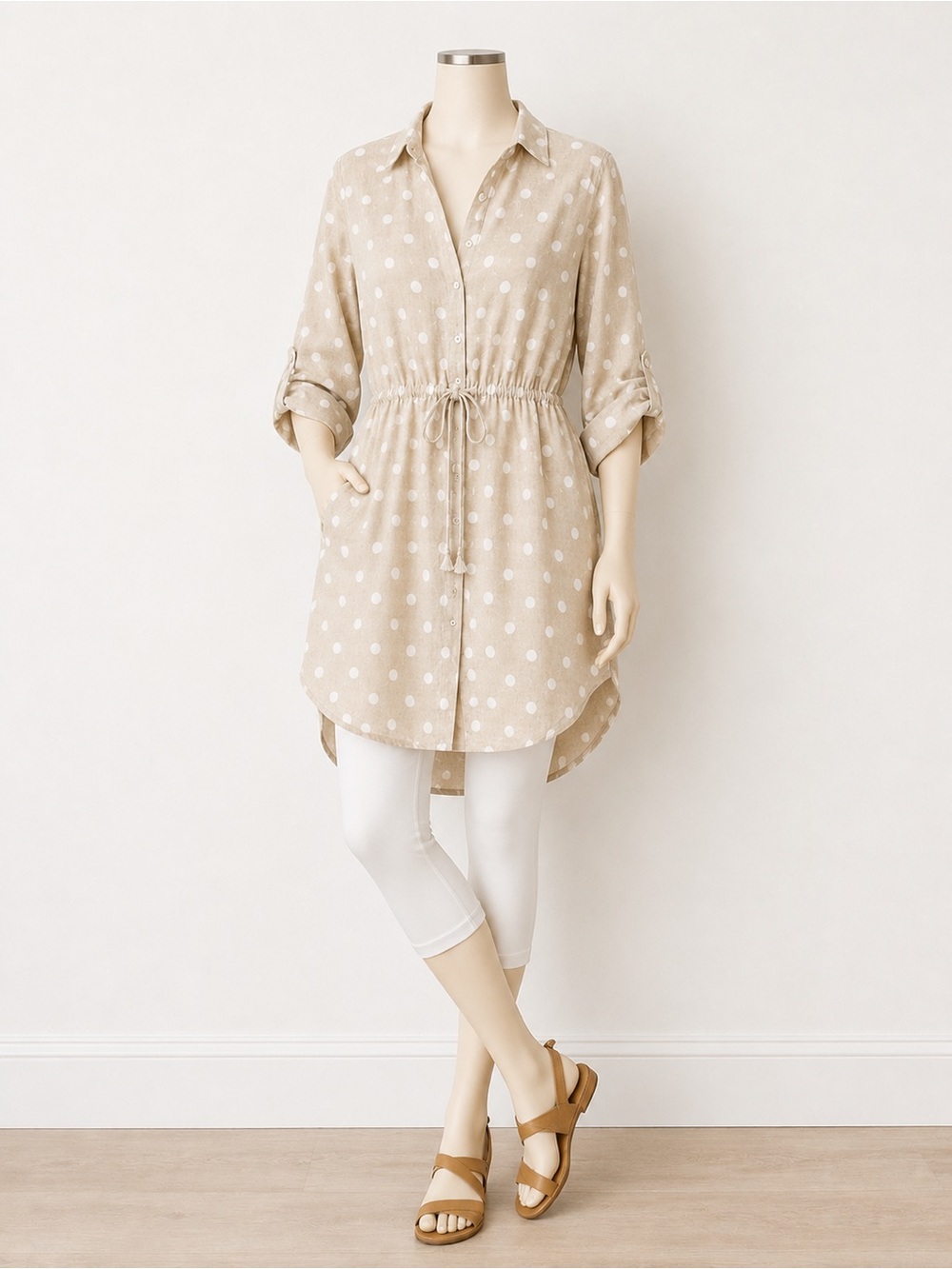 Polka Dot Drawstring Shirt Dress - Beige/White-S/M - Picture 2 of 6